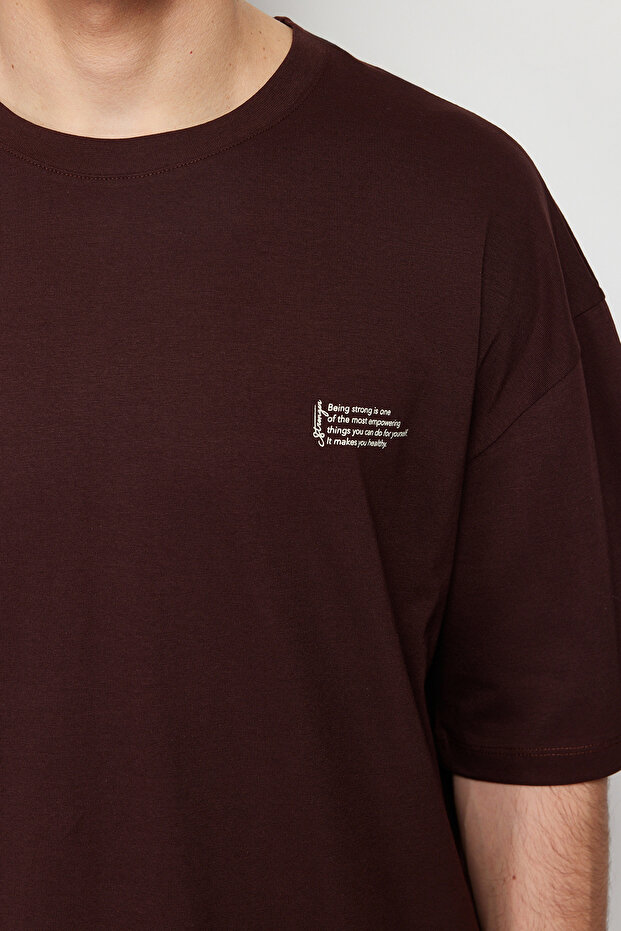 Oversize hnědé bavlněné tričko - Minimal TextT Print, TMNSS23TS00084 - 6