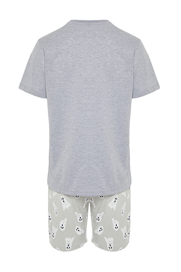 Gri Baskılı Regular Fit Örme Şortlu Pijama Takımı TMNSS24PT00024 - 8