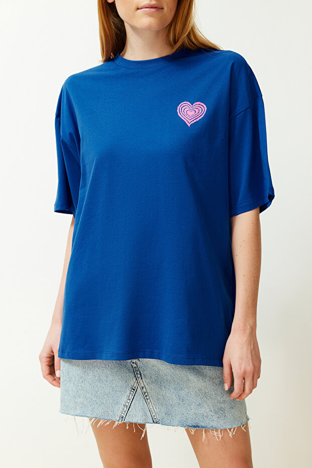 Saks %100 Pamuk Ön ve Arka Kabartma Baskılı Oversize/Geniş Kalıp Örme T-Shirt TWOSS23TS00355 - 3