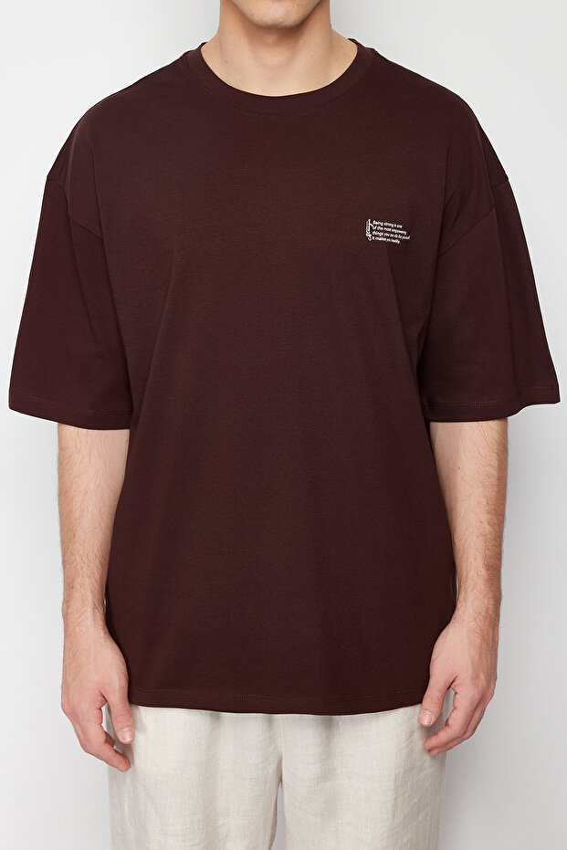 Oversize hnědé bavlněné tričko - Minimal TextT Print, TMNSS23TS00084 - 5