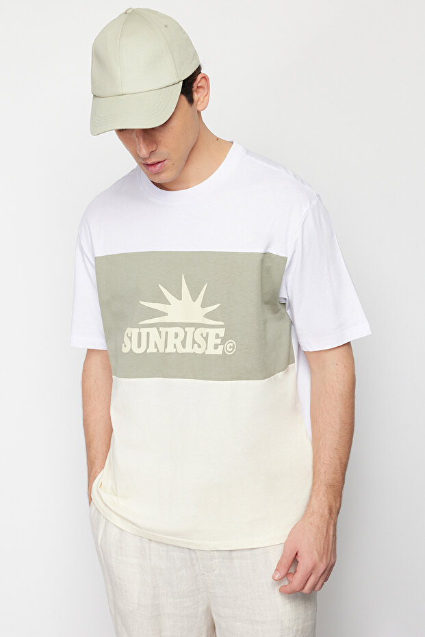 Mint Oversize/Geniş Kesim Yazı Baskılı Renk Bloklu %100 Pamuklu Kısa Kol T-Shirt TMNSS24TS00129 - 2
