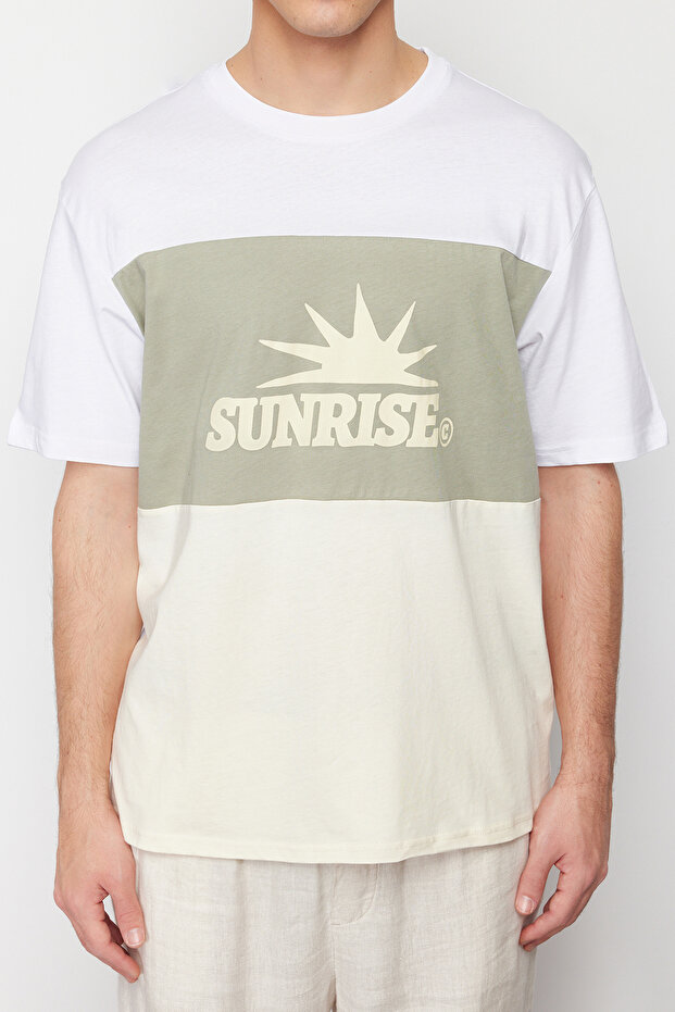 Mint Oversize/Geniş Kesim Yazı Baskılı Renk Bloklu %100 Pamuklu Kısa Kol T-Shirt TMNSS24TS00129 - 4
