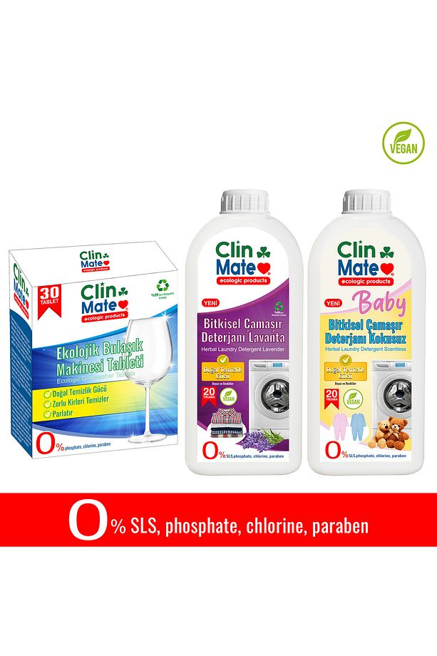 3'li Set Ekolojik Bulaşık Tableti 30 Yk - LAVANTA Çamaşır Deterjanı -Bitkisel BEBEK 750 ml 40 Yk - 1