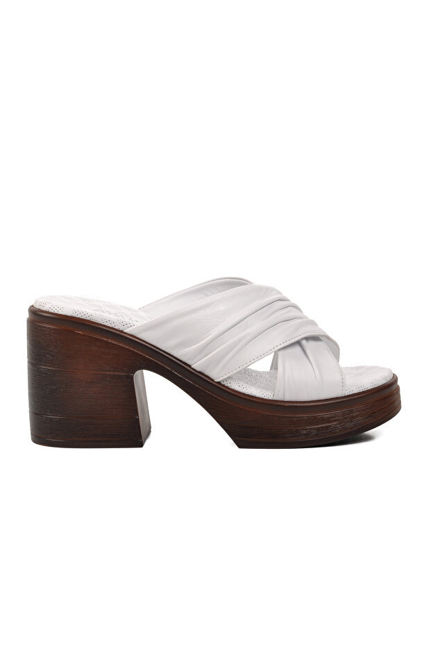 523004 White Genuine Leather Women's Heeled Slippers