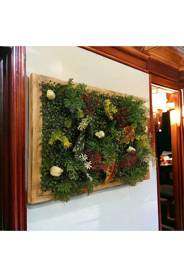 Ahşap Çerçeveli Yapay Çİçek Duvar Paneli Şimşir Dikey Bahçe Aranjman 48-68 Cm MODEL:2 - 2