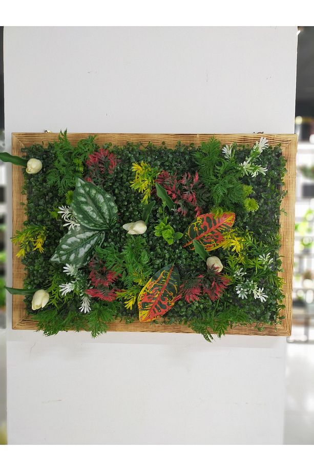 Ahşap Çerçeveli Yapay Çİçek Duvar Paneli Şimşir Dikey Bahçe Aranjman 48-68 Cm MODEL:2 - 3
