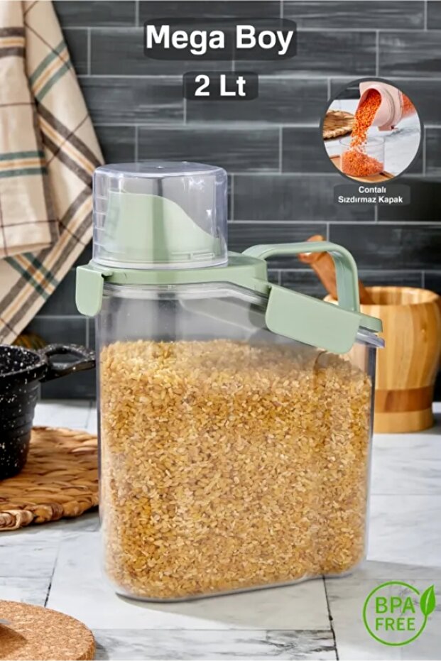 Pulses and Detergents Storage Container with Sealed Leak-Proof Lid - Pulses Container Organizer with Scale - 1800 ml - Green