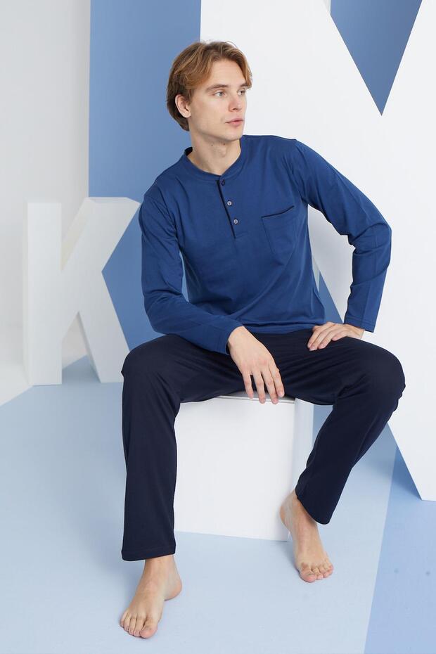 Men's Long Sleeve Midi Collar Indigo Pajamas Set C9T2N5O0