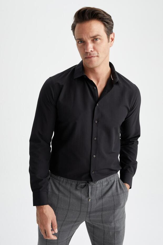 Поло з попліну з довгим рукавом і комірцем Сорочка R4340az23sp, що облягає фігуру - 1