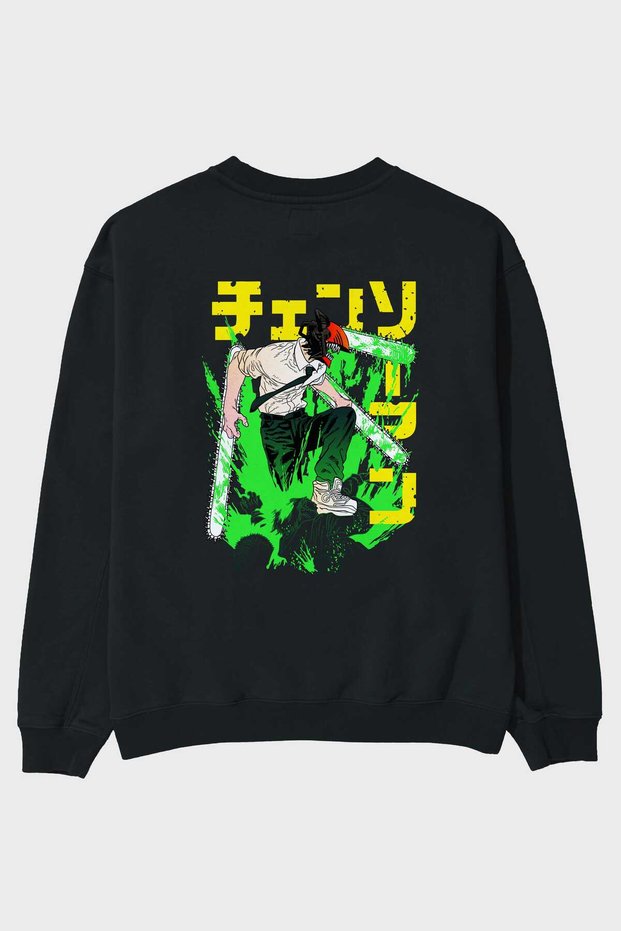 CHAINSAWMAN DENJI Anime Back Printed Black Oversize Sweatshirt Men's Women's Crew Neck