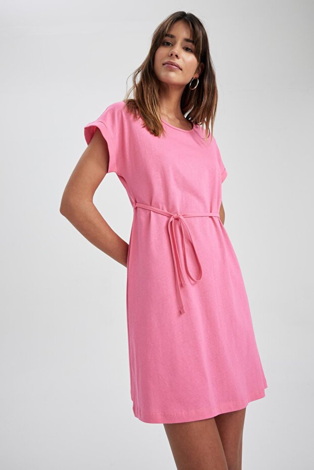 A-line Crew Neck Mini Short Sleeve 100 Cotton Dress T8057az23sm