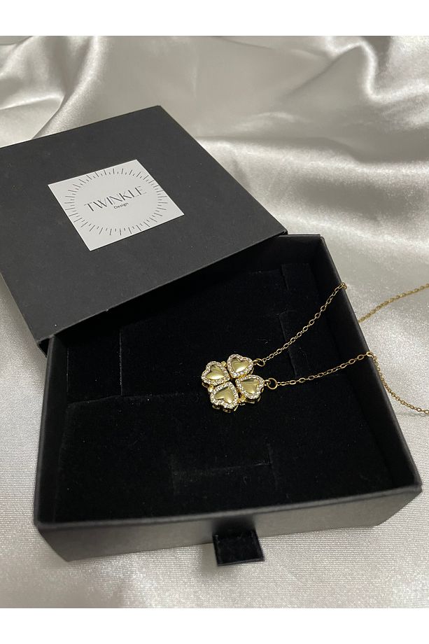 Yüksek Kalite Çelik Mıknatıslı Açılır Kapanır Kalp Yonca Kolye Gold 45 Cm - 3