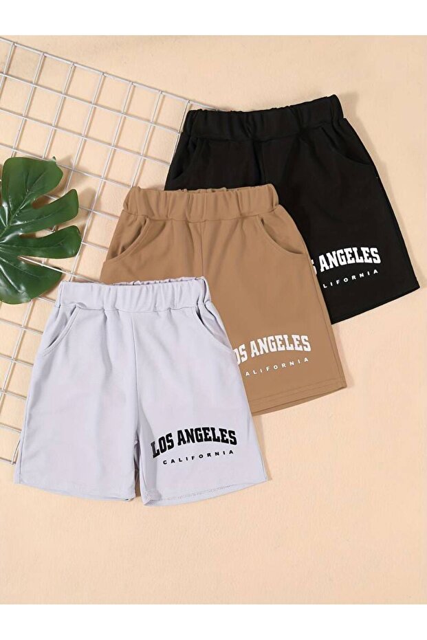 Children's Set of 3 Printed Plain Summer Short Shorts - Casual Short Shorts