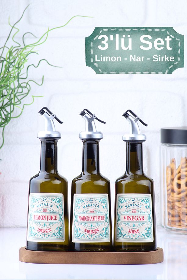 Marasca Ahşap Stantlı Limon Suyu - Nar Eksişi - Sirke Sosluk Seti 3'lü Set 250 ml Rustik Mavi - 1