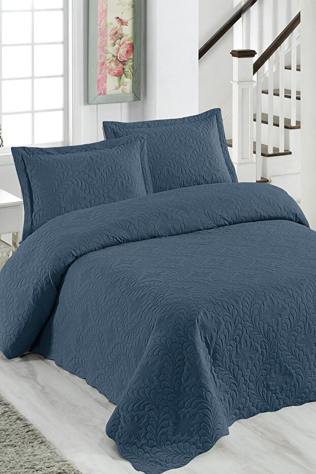 Ivy Petrol Mavisi Çift Kişilik Microfiber Kapitone Yatak Örtüsü - 4