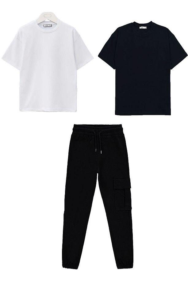 3'lü  unisex kız erkek set 1 adet kargo cep eşofman altı 2 adet basic t-shirt 7-14 yaş - 1