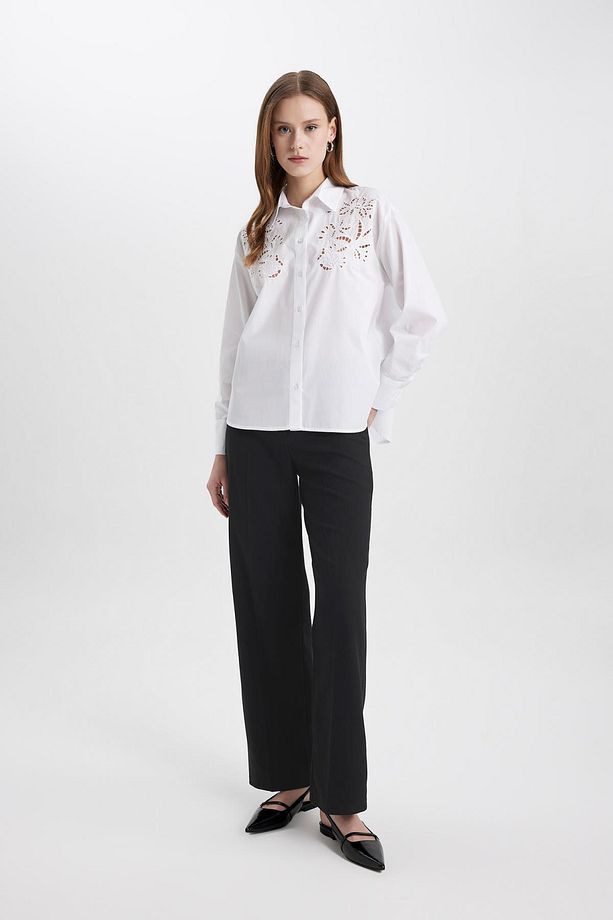 Oversize Geniş Kalıp Delikli Poplin Uzun Kollu Beyaz Gömlek C0061ax24sp - 2