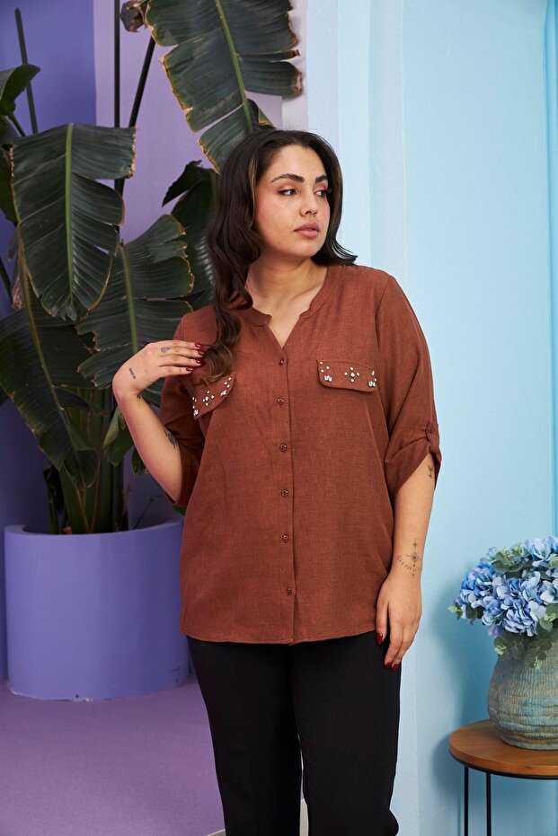 Large Size Brown Shirt with Pocket Cover Stone Detail