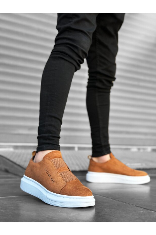 Tugerdi Thick Suede Leather High Sole Double Tape Tan White Men's Sports Shoes TGE230457