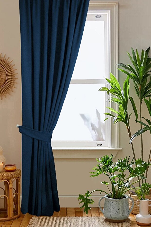 Navy Blue Honeycomb Velvet Textured Island Background Curtain with Flat Stitching Extraforce Gathering 1st Class Quality