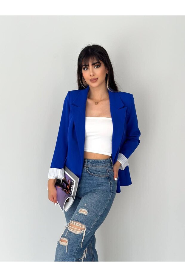 Women's Blazer Jacket with Sax Folded Sleeves and Striped Inner Lining