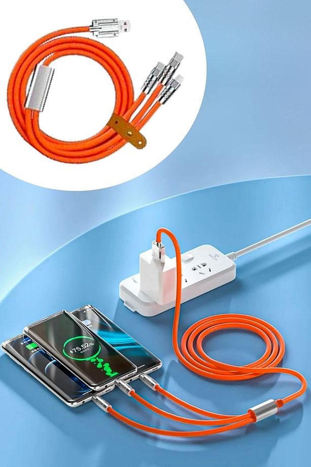 ®  3 Şarj Aleti 1 Arada Çinko Alaşım Hızlı Şarj Kablosu Turuncu - 1