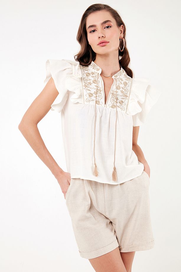 Pamuklu Regular Fit Nakış İşlemeli Bluz  BLUZ 611BZ0253 - 4