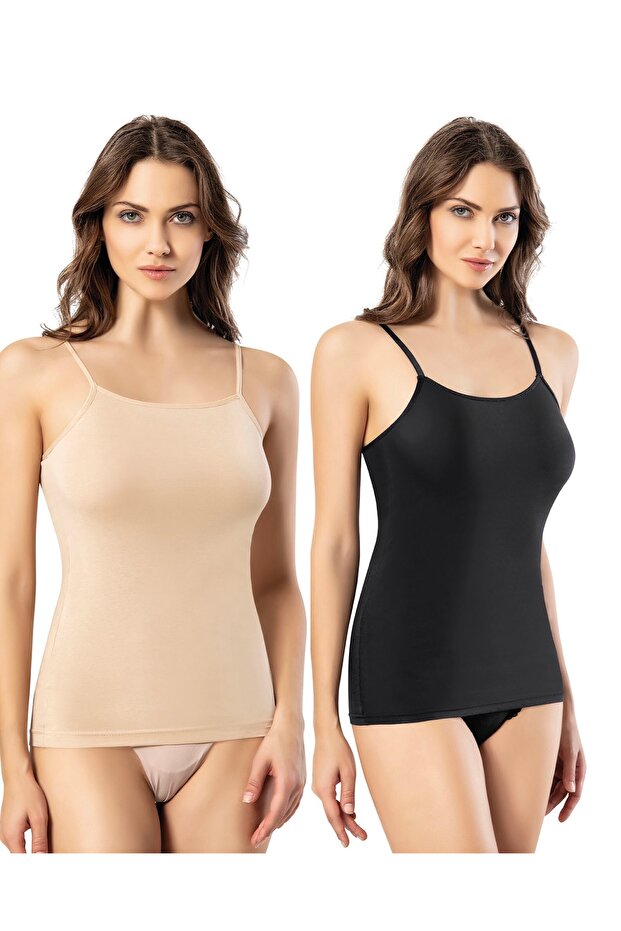 Women's 6-Pack Oval Collar (3 Black-3 Skin) Cotton Lycra Rope Strap Combed Cotton Undershirt