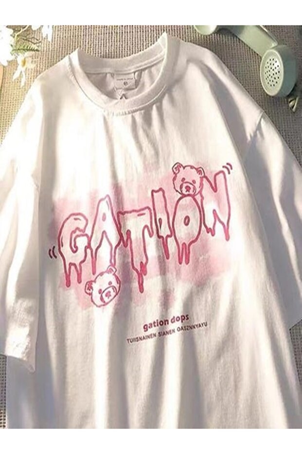 Retro Cation Printed White Unisex Oversize T-Shirt-Mingalondon