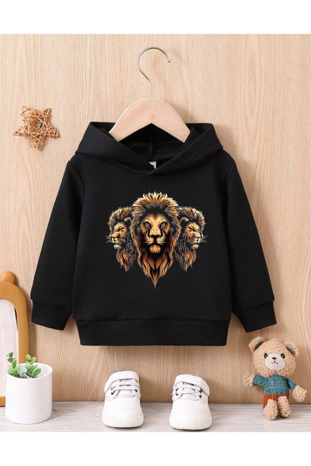 Children's Lion Printed Hooded Sweatshirt - Kids Hooded Black Sweat