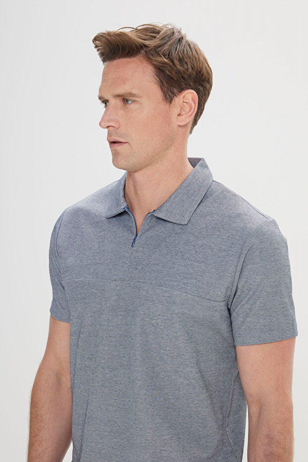 Erkek Lacivert Slim Fit Dar Kesim Pamuklu Polo Yaka Tişört - 4