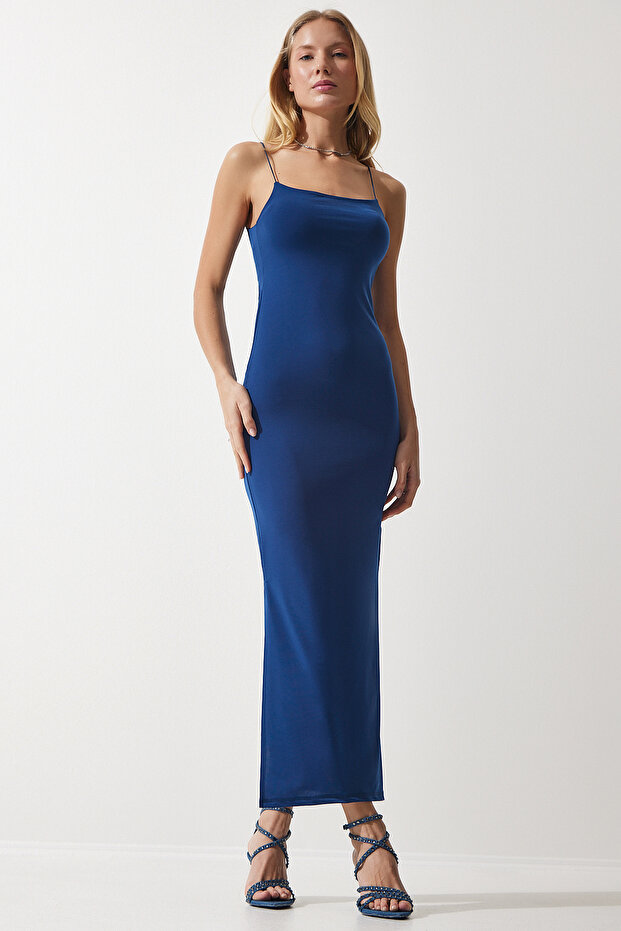 Women's Blue Rope Strap Slit Saran Sandy Dress DZ00114