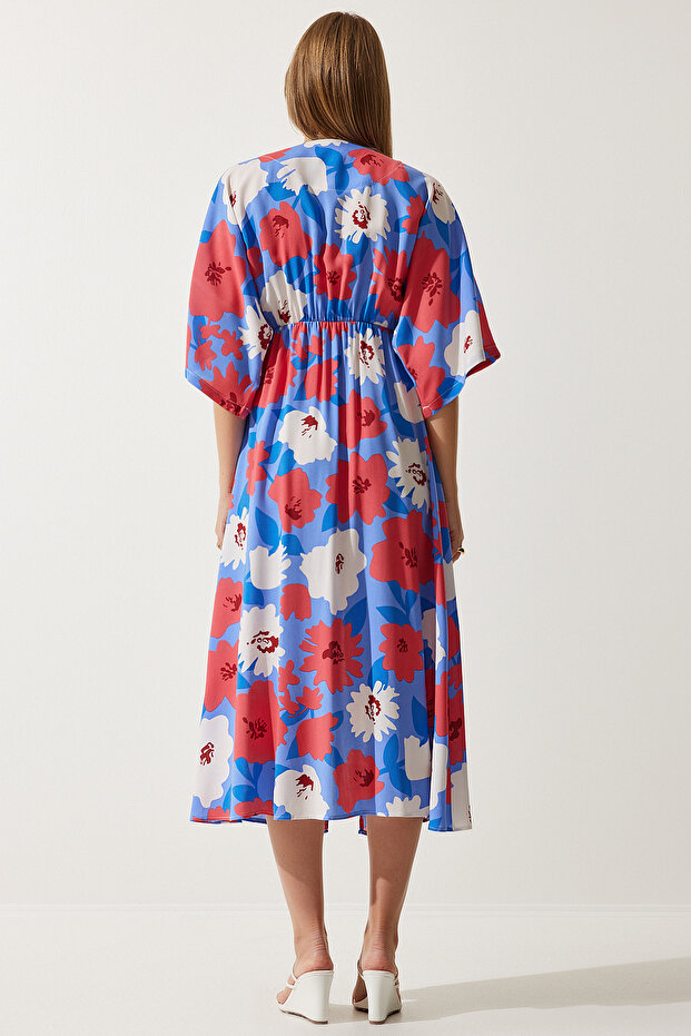 Női, lila rózsaszín becsomagolt galléros mintás nyári viszkóz ruha DK00166 - 5