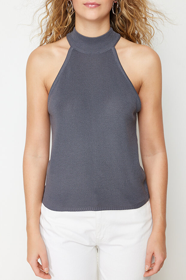 Antrasit Halter Yaka Basic Triko Bluz TWOSS24BZ00150 - 4