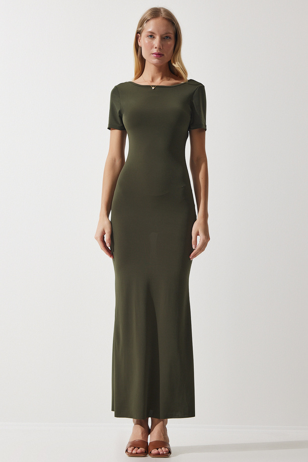 Women's Khaki Low-cut Long Sandy Knitted Dress DZ00115