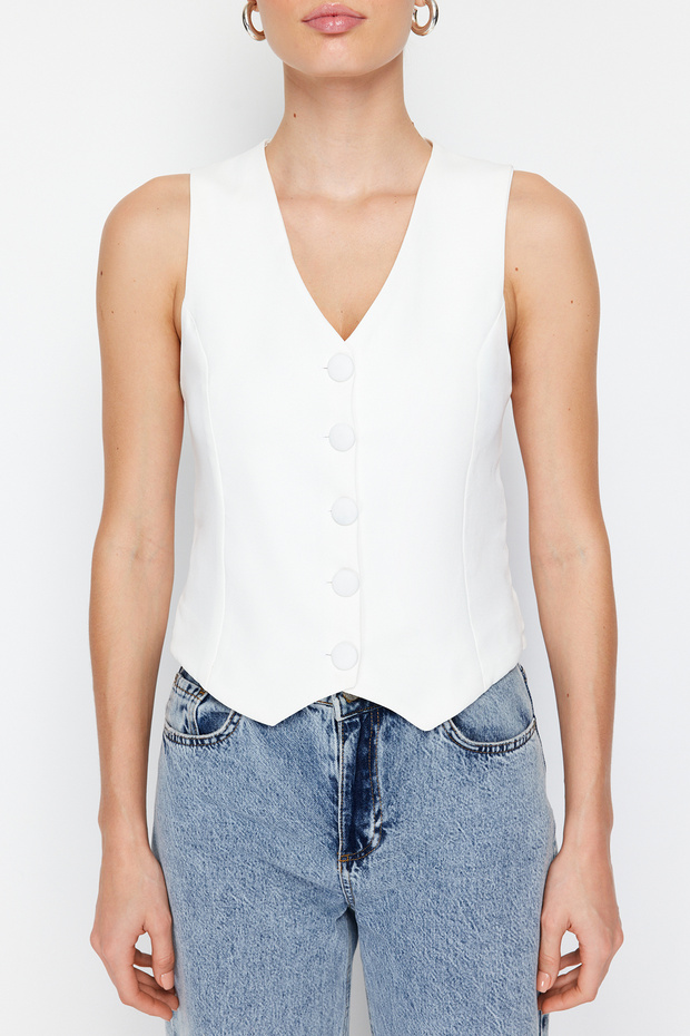 Beyaz Fitted Fitted Düğmeli Crop Dokuma Yelek TWOSS21YE0009 - 4