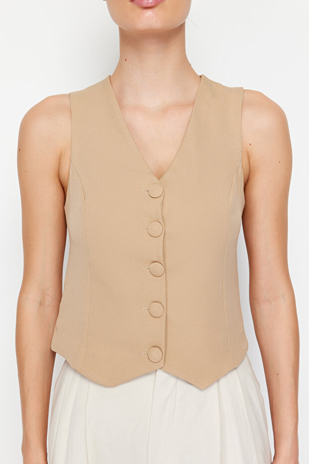 Vizon Fitted Düğmeli Crop Dokuma Yelek TWOSS21YE0009 - 4