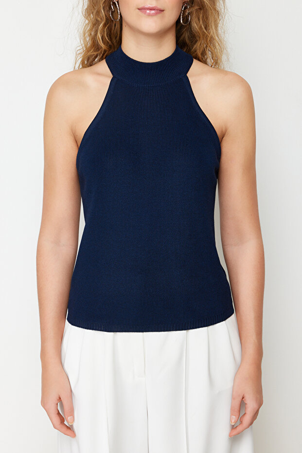 Lacivert Halter Yaka Basic Triko Bluz TWOSS24BZ00150 - 4