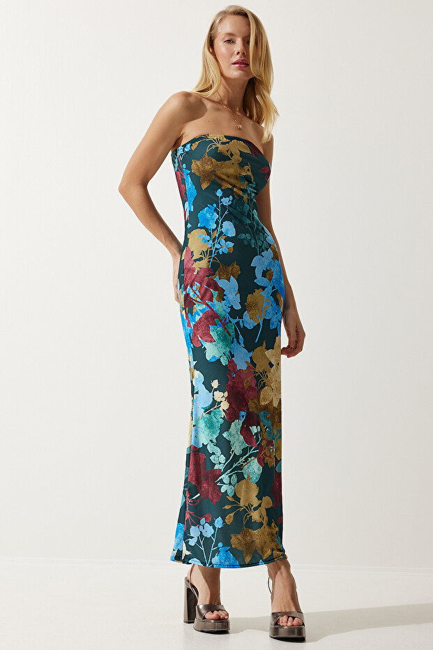 Women's Emerald Green Blue Floral Wrap Summer Strapless Dress FF00157