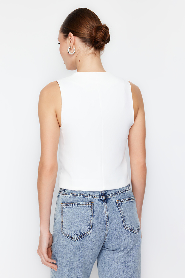 Beyaz Fitted Fitted Düğmeli Crop Dokuma Yelek TWOSS21YE0009 - 6
