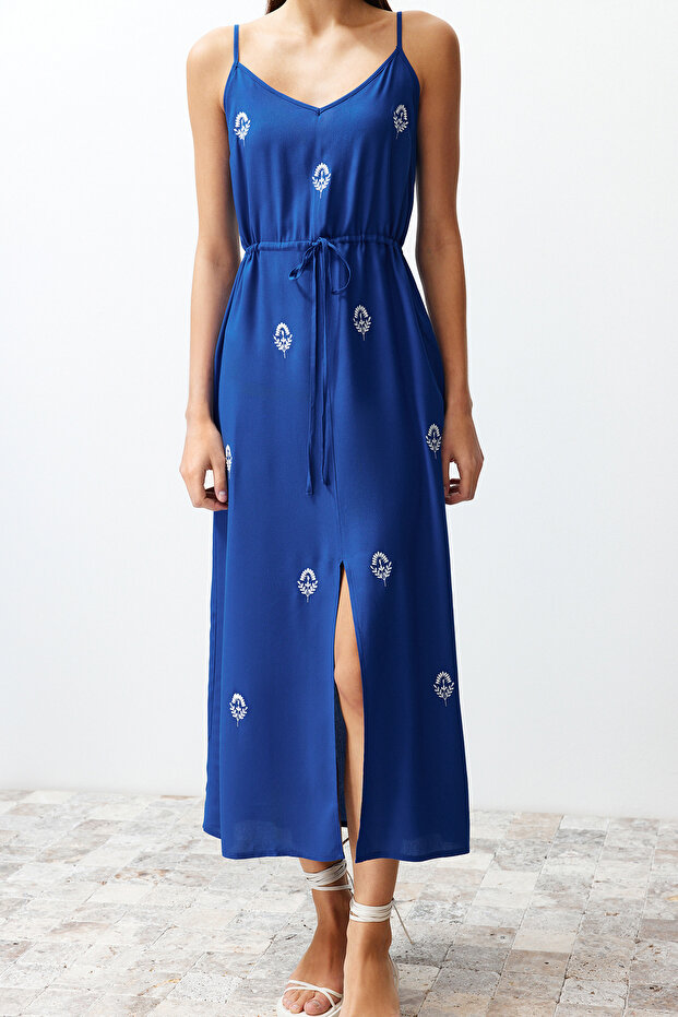 Indigo A-Kesim Nakışlı V Yaka Midi Dokuma Elbise TWOSS23EL01431 - 5