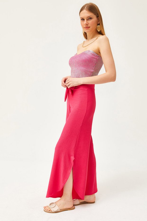 Women's Fuchsia Belted Knitted Trousers with Side Slits PNT-19000265