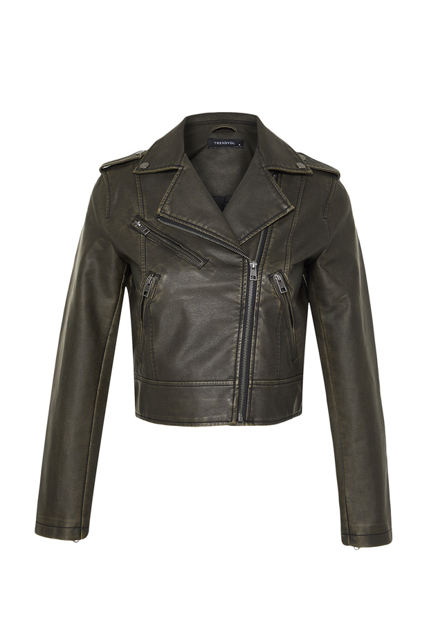 Antrasit Eskitme Detaylı Suni Deri Biker Ceket Mont TWOAW24MO00277 - 13