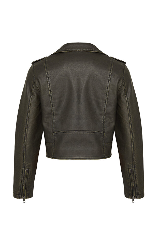 Antrasit Eskitme Detaylı Suni Deri Biker Ceket Mont TWOAW24MO00277 - 14