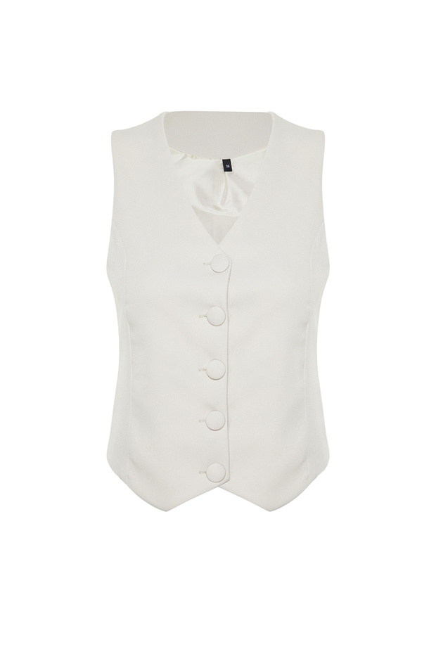Bej Fitted Fitted Düğmeli Crop Dokuma Yelek TWOSS21YE0009 - 7
