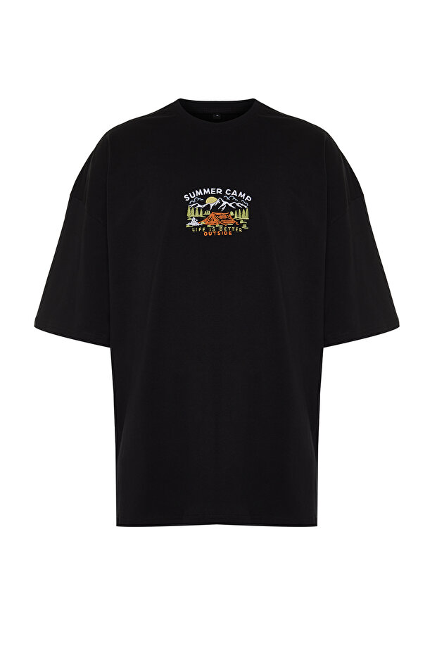 Siyah Oversize/Geniş Kesim Kısa Kol Manzara Nakışlı %100 T-Shirt TMNSS23TS00243 - 7