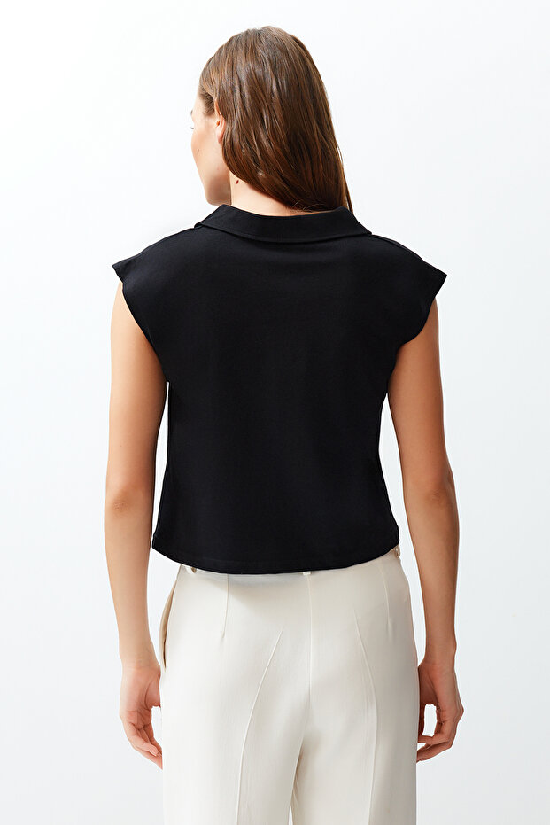 Siyah %100 Kalın Pamuklu Polo Yaka Regular/Normal Kalıp Örme T-Shirt TWOSS24TS00075 - 6