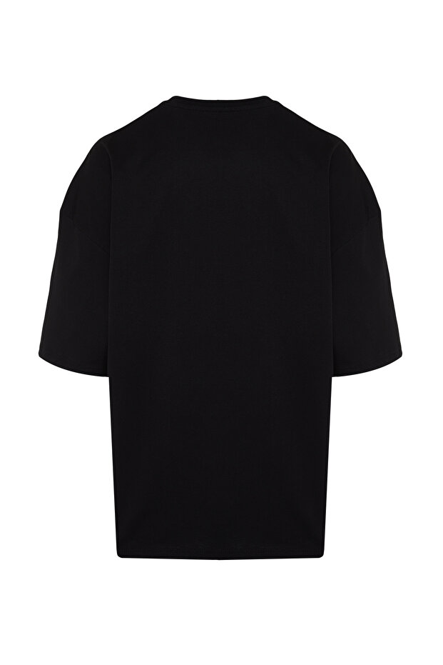 Siyah Oversize/Geniş Kesim Kısa Kol Manzara Nakışlı %100 T-Shirt TMNSS23TS00243 - 8