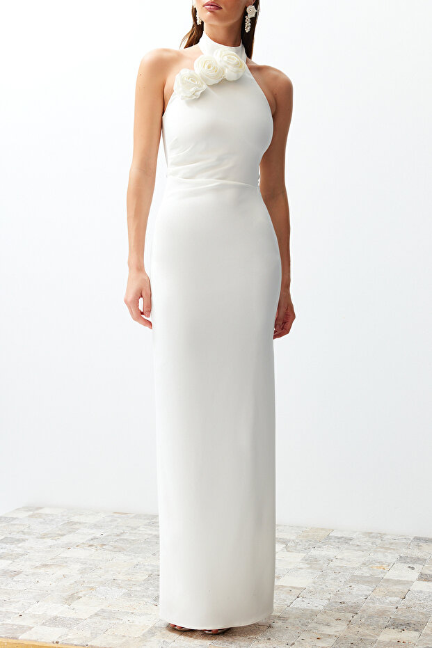 Bridal Beyaz Gül Detaylı Dokuma Şık Abiye Gece Mezuniyet Elbisesi TPRSS24AE00011 - 6