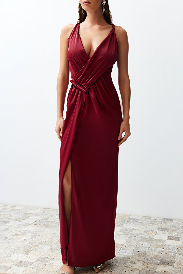 Bordo Dokuma Saten Uzun Gece Abiye Elbise TPRSS24AE00038 - 5